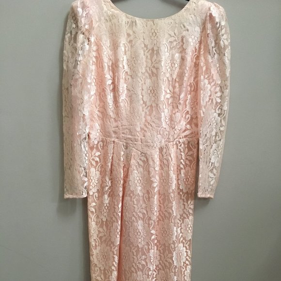 Vintage Dresses & Skirts - Stunning 1950s Vintage JS Collections Pink Lace Dress with Open Back + Bow